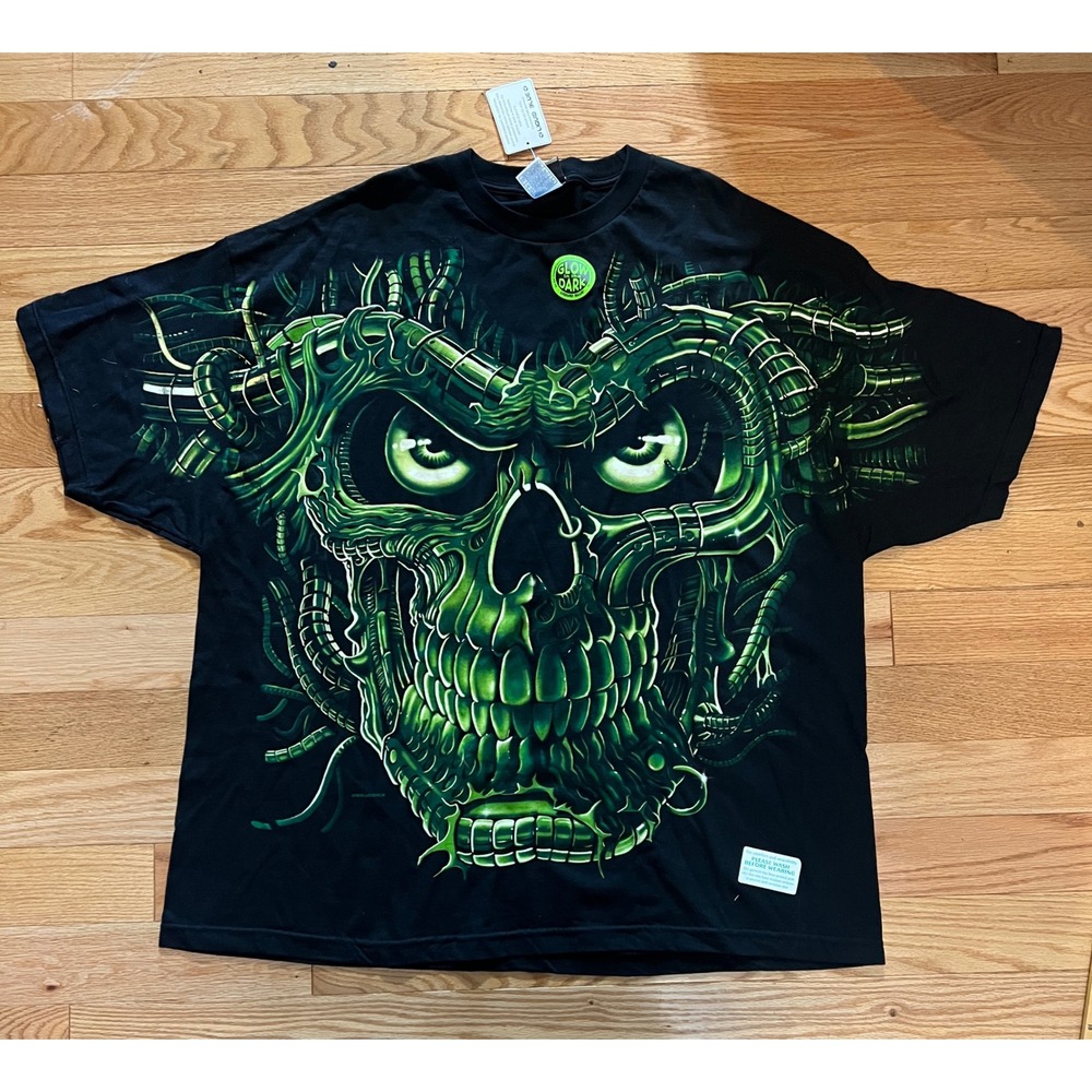 Vintage 1998 Liquid Blue Glow in the Dark Skull T-Shirt 4XL NWT Deadstock Green